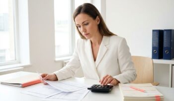 Professional businesswoman in white blazer reviewing financial documents at modern office desk with calculator