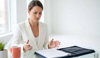Professional businesswoman in white blazer reviewing documents at glass desk in bright modern office