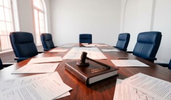 Gavel resting on contract documents at conference table with navy leather chairs and coral lighting from windows