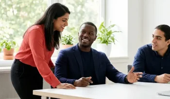 Drie diverse collega's in gesprek aan een moderne kantoortafel, omgeven door groen, in een lichte ruimte met warm koraalrood en marineblauw.