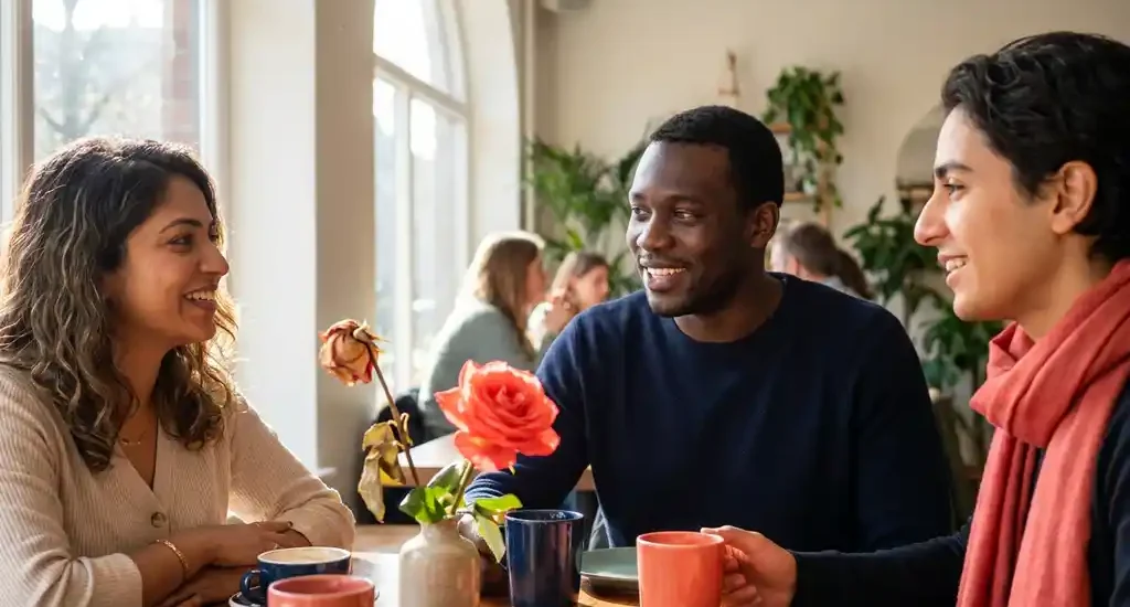 Drie mensen van diverse achtergronden in gesprek aan een cafétafel, met een verwelkte en bloeiende bloem als symbool van hoop en vernieuwing.