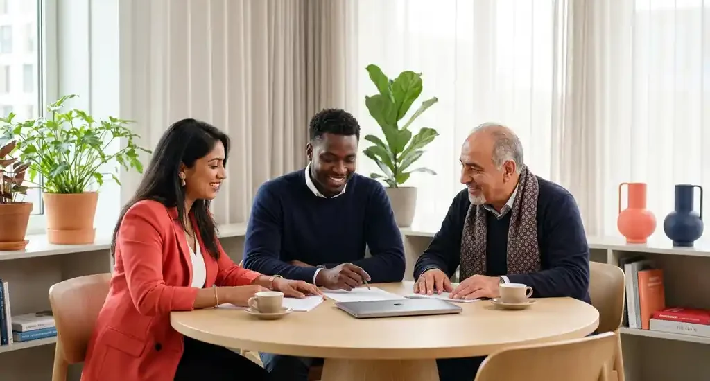 Drie collega's aan een ronde tafel in een licht modern kantoor, verdiept in een ondersteunend gesprek met documenten voor hen.