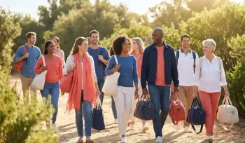 Diverse group of people walking together along a sunlit path, carrying light bags in warm coral, navy, and natural tones.