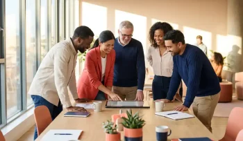 Diverse professionals collaborating around a bright office table, reviewing a shared document in a sunlit, modern workspace.