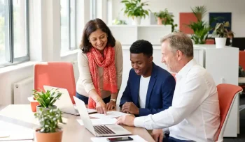 Drie diverse collega's bespreken documenten aan een modern bureau in een licht kantoor met grote ramen.