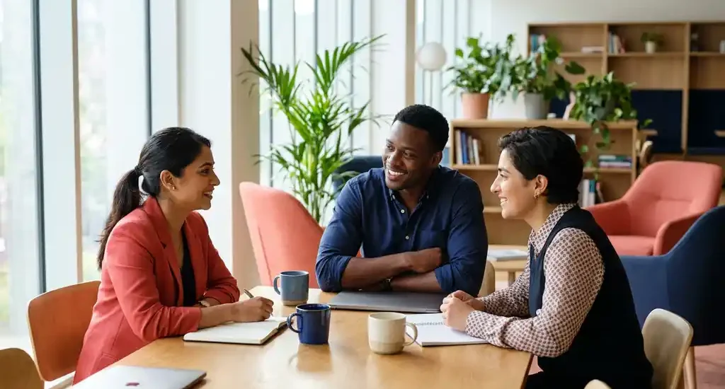 Drie diverse professionals in gesprek aan een moderne werkplek, met warme en ondersteunende lichaamstaal in zacht natuurlijk licht.