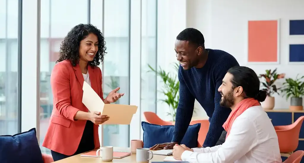 Drie diverse professionals in gesprek rond een moderne werkruimte, met open lichaamstaal en een document in koraal- en marineblauw interieur.