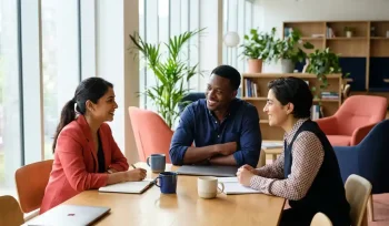 Drie diverse professionals in gesprek aan een moderne werkplek, met warme en ondersteunende lichaamstaal in zacht natuurlijk licht.