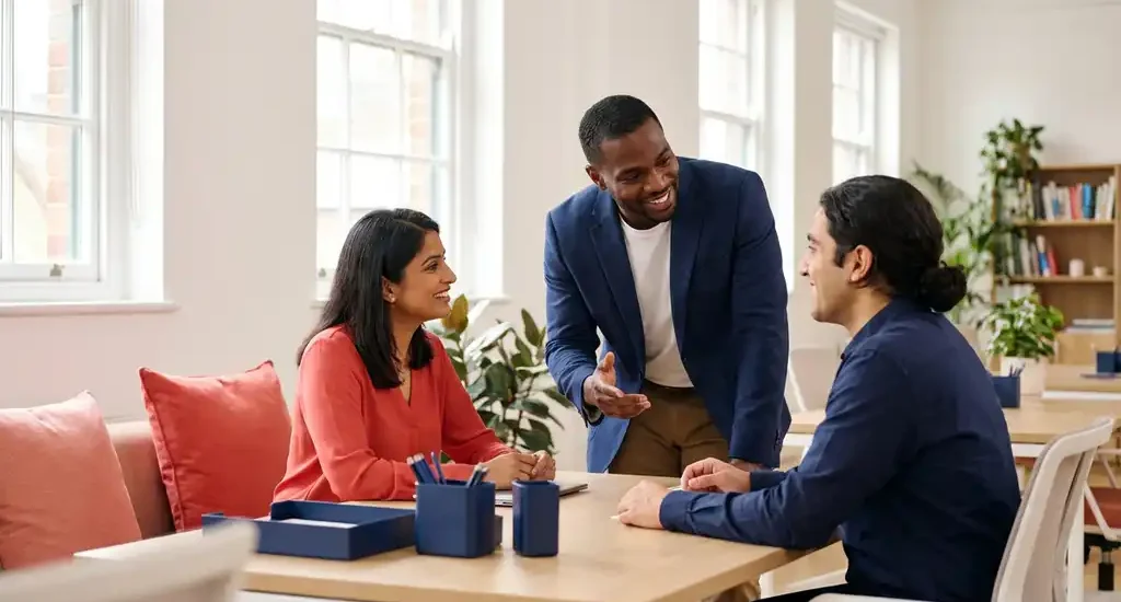 Drie diverse professionals in gesprek aan een moderne vergadertafel in een lichte kantoorruimte met koraalrode en marineblauw accenten.