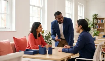 Drie diverse professionals in gesprek aan een moderne vergadertafel in een lichte kantoorruimte met koraalrode en marineblauw accenten.