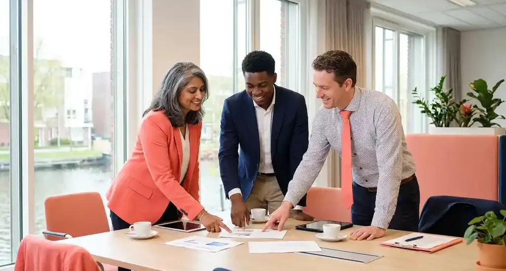 Drie diverse professionals overleggen samen aan een vergadertafel in een modern Nederlands kantoor, documenten bespreken in warm natuurlijk daglicht.