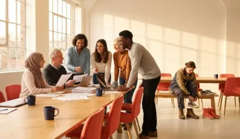 Diverse group of colleagues collaborating around a communal table in a sunlit modern workspace, reviewing documents together.