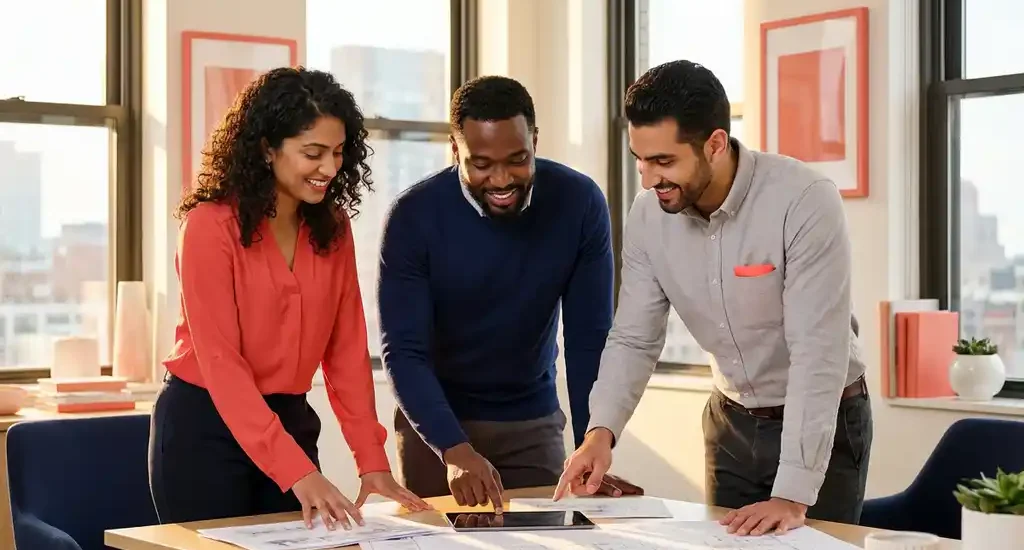 Drie collega's bespreken documenten aan een modern bureau in een licht kantoor met grote ramen en warm natuurlijk daglicht.