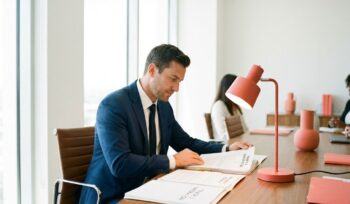 Professional employer in navy suit reviewing Track 2 immigration documents at modern conference table in bright office