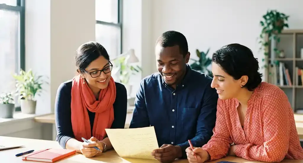 Drie collega's bekijken samen een handgeschreven brief aan een verlicht bureau in een modern kantoor met natuurlijk daglicht.