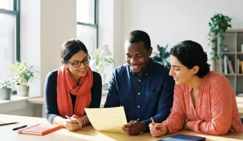 Drie collega's bekijken samen een handgeschreven brief aan een verlicht bureau in een modern kantoor met natuurlijk daglicht.