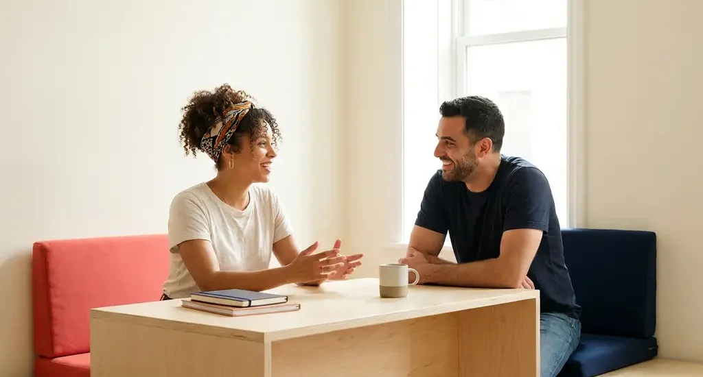 Twee mensen van verschillende culturele achtergronden in gesprek aan een minimalistische bureau, omgeven door zacht natuurlijk licht.