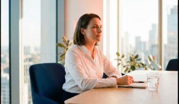 Professional person in white shirt sitting confidently at modern office desk during job interview in bright workspace