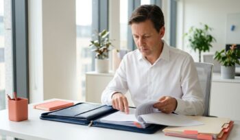 Labor expert reviewing employment contracts at modern office desk with natural lighting and professional workspace setup.