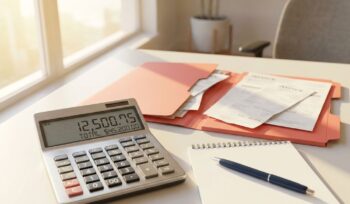 Calculator displaying financial figures on modern office desk with invoices in coral folders and navy pen on notepad