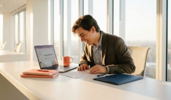 Professional young adult reviewing career development materials on laptop at bright modern workspace with natural lighting.