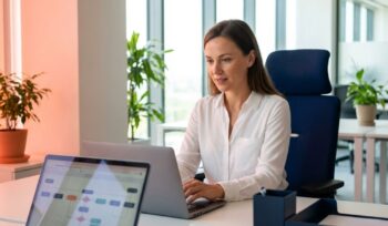Professional employee in white shirt working on laptop with workflow diagrams in modern minimalist office workspace