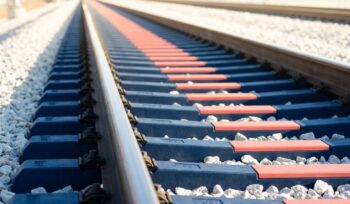 Modern railway track with gleaming steel rails and navy sleepers stretching toward approaching train in bright sunlight
