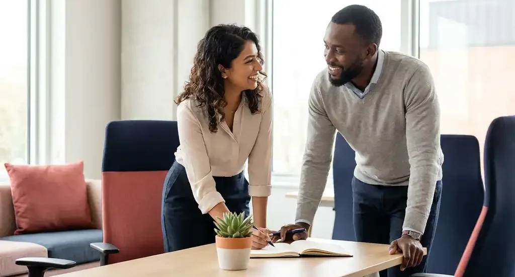 Manager en medewerker in gesprek aan modern kantaartafel, open lichaamstaal, plant en notitieboek op tafel, warm re-integratiegesprek.