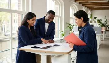 Drie diverse professionals bespreken documenten aan een modern bureau in een licht Nederlands kantoor met natuurlijke raamverlichting.