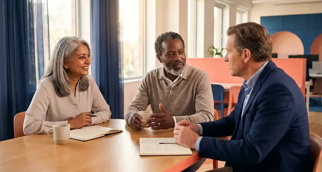 Drie diverse 55-plus professionals in gesprek rond een moderne werktafel met koffie en notitieboeken, in een lichte kantoorruimte.