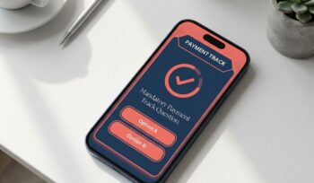 Modern smartphone on white desk displaying digital payment interface with coral and navy design elements