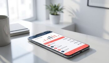 Modern smartphone displaying digital payment interface with coral and navy accents on white desk in bright office setting.
