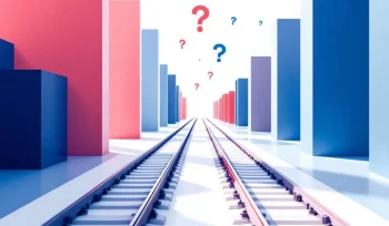 Geometrische spoorlijnen in koraal en donkerblauw convergeren naar het midden met euro-symbolen en vraagtekens op witte achtergrond