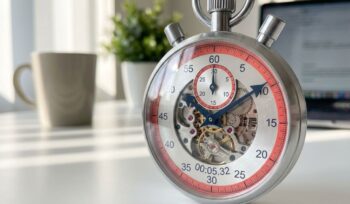 Modern stopwatch with coral red accents and navy blue hands on white desk in bright minimalist office setting.