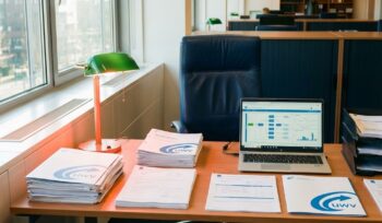Professional government office desk with UWV documents, laptop displaying workflow charts, and navy leather chair