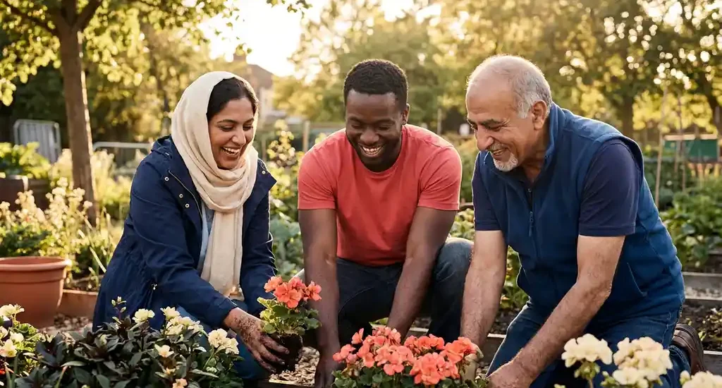 Drie vrijwilligers planten bloemen in een gemeenschapstuin tijdens gouden uur, lachend in warm zonlicht.
