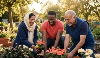 Drie vrijwilligers planten bloemen in een gemeenschapstuin tijdens gouden uur, lachend in warm zonlicht.