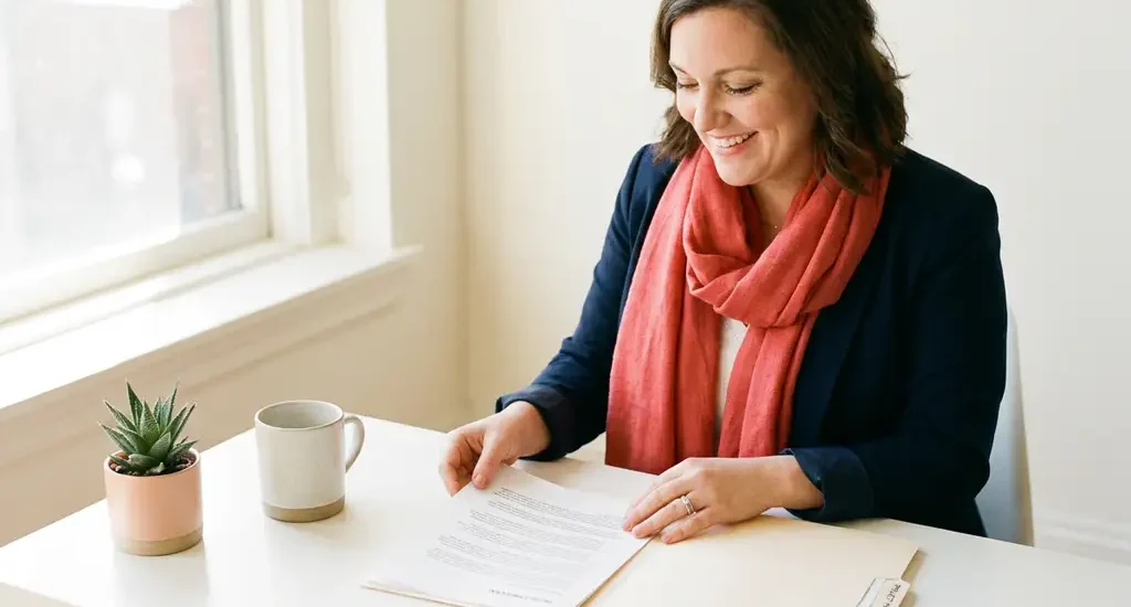 Vrouw in marineblauwe blazer en koraalrode sjaal plaatst document in map aan een licht bureau met kleine plant.