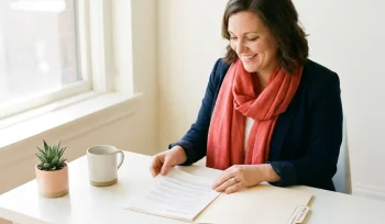 Vrouw in marineblauwe blazer en koraalrode sjaal plaatst document in map aan een licht bureau met kleine plant.
