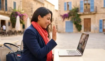 Professionele vrouw van Midden-Oosterse afkomst videobelt lachend op zonnig mediterraan terras met laptop en Nederlandse vlagpin op haar tas.