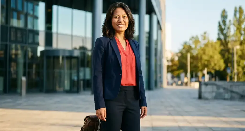 Zelfverzekerde Zuidoost-Aziatische vrouw in smart-casual kleding voor een modern Europees kantoorgebouw, reistas aan haar voeten.