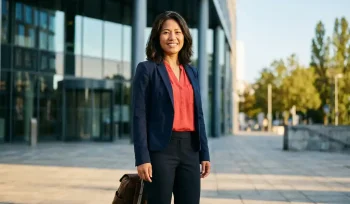 Zelfverzekerde Zuidoost-Aziatische vrouw in smart-casual kleding voor een modern Europees kantoorgebouw, reistas aan haar voeten.