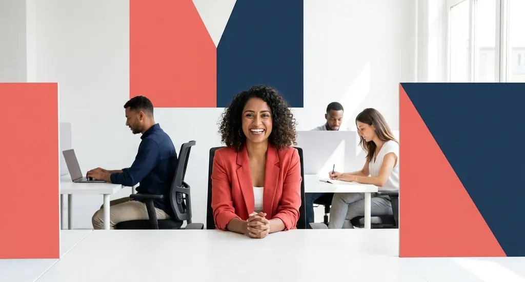 Zuid-Aziatische vrouw werkt zelfverzekerd aan een modern bureau in een lichte, open werkruimte met diverse collega's.